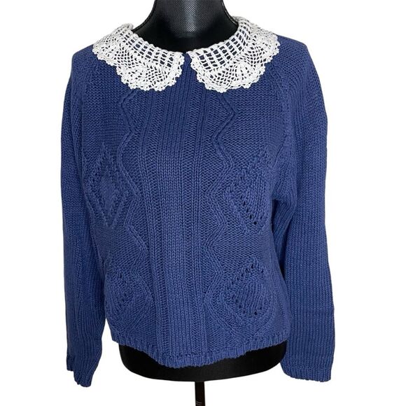 Nuggets Sweater Cable Knit Ivory Crochet Collar Cottage Coastal Blue Size Large - Picture 1 of 8